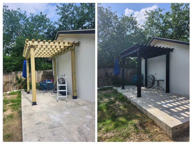 Before and after of a custom backyard gazebo, freshly painted