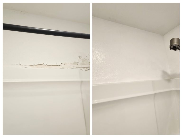 Before and after of water-damaged drywall above a shower, repaired and repainted