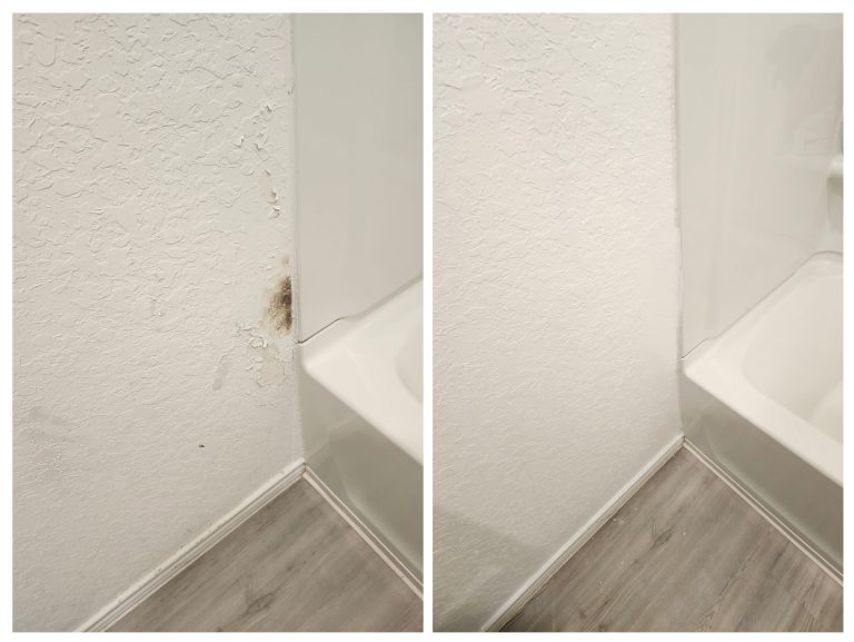 Before and after of damaged drywall beside a shower, repaired and repainted
