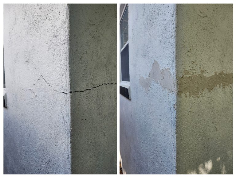 Before and after of a cracked exterior stucco wall, patched and smoothed