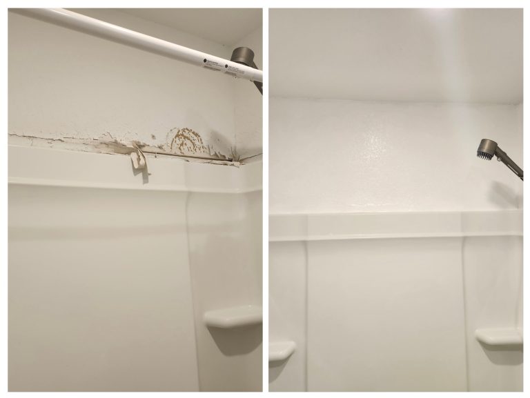Before and after of a damaged shower wall, patched, sanded and repainted